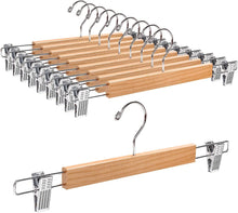 Amber Home 36cm Natural Wooden Pants Hangers 10pcs, Smooth Wood Skirt Hanger Organizer with Adjustable Anti-Slip Chrome Clips, Space Saving Solid Clothes Hangers Rack for Bottoms Jeans Slacks Trousers