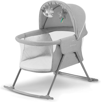 Kinderkraft Baby Crib 3 in 1 LOVI, Cradle, Travel Cot, Rocker, Easy Folding and Unfolding, Adjustable Canopy, with Accessories, Mattress Cover, Included Toys, Transport Bag, for Newborn, 0-9 kg, Gray