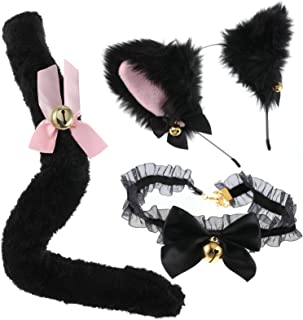 Cat Cosplay Costume Set Plush Furry Cat Headband Cat Ears Headwear with Bells Necklace and Tail for Women Girls Halloween Christmas Fancy Dress Up Black & Pink (3PCS Black & Pink)