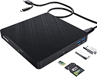 HATOKU External CD DVD Drive, USB C Slim Portable External CD DVD Writer Burner with SD/TF Card Reader & 2 USB 3.0 Port, High Speed Data Transfer Optical Drive for PC Desktop/Laptop/Linux/Mac/Windows