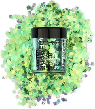 Stargazer Chunky Glitter Shaker, UV Green. Cosmetic glitter for use on the eyes, lips, face, body, hair and nails.