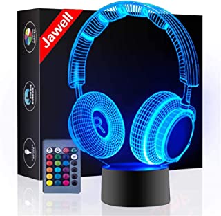 Headphone 3D Illusion Lamp Christmas Gift Night Light Beside Table Lamp, Jawell 16 Colors Auto Changing Touch Switch Desk Decoration Lamps Birthday Gift with Remote Control