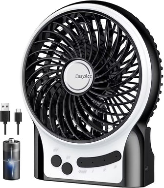 EasyAcc Battery Fan, Portable Rechargeable Desk Fan Strong Airflow Silent Personal Mini USB fan 3 Speeds with Flashlight & Blue Light Table Cooling Fan for Office Traveling Fishing Camping - Black