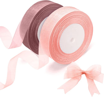 2 Rolls of Organza Ribbon, Clear Chiffon Ribbon, 20mm x 45m Each, for DIY Crafts, Ribbons for Gift Wrapping, Birthday Party Ribbon Decoration (Pink Ribbon)