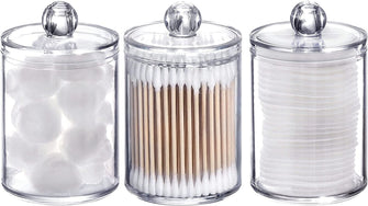 Tbestmax 3 Pack Small Cotton Swab Ball Pad Holder, 10 Oz Qtip Apothecary Jar Clear Makeup Organizer, Bathroom Containers Dispenser