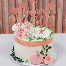 Humairc Rose Gold Cake Toppers 2 Set, 22 Pieces Happy Birthday Cake Toppers Sparkling Rose Gold Birthday Anniversary Wedding Cake Toppers for Girls Ladies Cake Decorating