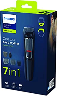 Philips 7-in-1 All-In-One Trimmer, Series 3000 Grooming Kit for Beard & Hair with 7 Attachments, Including Nose Trimmer, Self-Sharpening Blades, UK 3-Pin Plug-MG3720/33