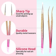 Ouligay 2Pcs Double Ended Nail Art Tweezers for Women Stainless Steel Tweezer Straight Curved Tip Tweezers with Silicone Pressing Head for Nail Crafts Rhinestone Stickers Jewel Gem Picker Tool