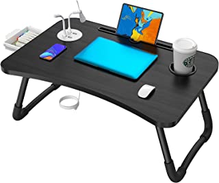 Laptop Table with USB Ports, Elekin Laptop Standing Desk for Bed, Portable Bed Tray, Lap Desk with Cup Holder for Writing, Reading, Working on Bed/Couch/Sofa with Little Gift (Small Fan, Small Lamp)