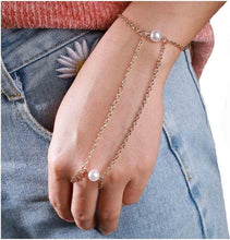 Yheakne Boho Pearl Finger Bracelet Gold Ring Wrist Bracelet Vintage Slave Bracelet Minimalist Ring Chain Bracelet Hand Chain Jewelry for Women and Girls