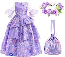 Kitimi Mirabel Encanto Costume Halloween Costume Princess Fancy Dress Up Mirabel Dress with Bag and Wreath for Girls Kids Cosplay Fancy Dress Cartoon Outfit for Girls Spring Summer Casual Dress