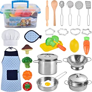 Kitchen Pretend Play Toys, Kids Cooking and Baking Set with Stainless Steel Cookware Pots and Pans Set, Cooking Utensils, Apron & Chef Hat, Cupcake Moulds, Cutting Vegetables for Boys and Girls