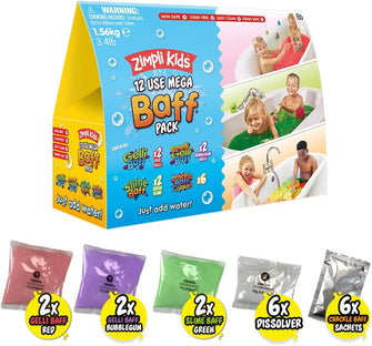 12 Use Mega Value Baff Pack from Zimpli Kids, 4 x Gelli Baff, 2 x Slime Baff & 6 x Crackle Baff, Children's Sensory & Bath Toy, Birthday Presents for Boys & Girls, Christmas Gift, Sensory Bath Toys