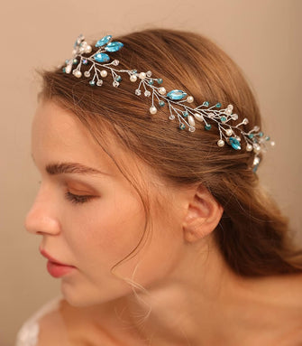 BERYUAN Women Pearl Wreath Light Blue Crystal Hair Vine Rhinestone Wedding Hair Accessory Gift for Her Party Headpiece for Bride Bridesmaid Girls