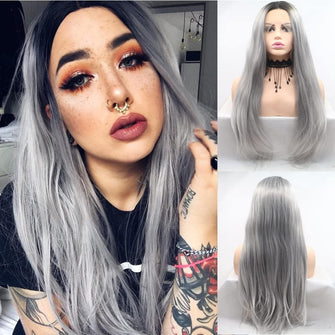 Xiweiya Wigs Long Natural Straight Hair Dark Root Ombre Grey Color Middle Part Synthetic Lace Front Wig Hair Heat Resistant Fiber Wig for Women, Cosplay Family Makeup Party Wigs 24 Inches