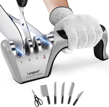 longzon Knife Sharpener, Professional 4 Stage Manual Sharpener for Sharpening Kitchen Knives and Scissors With Cut Protection Gloves for Chef and Home- Gray