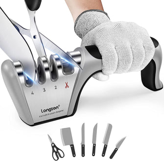 longzon Knife Sharpener, Professional 4 Stage Manual Sharpener for Sharpening Kitchen Knives and Scissors With Cut Protection Gloves for Chef and Home- Gray