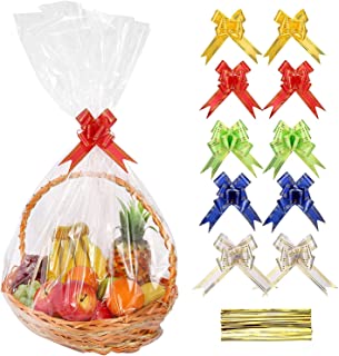 10pcs Large Clear Gift Basket Bags,Hamper Wrap Cellophane Bags 28 x 39 inches,10pcs Pull Bow and Ties, for Christmas/Easter/Thanksgiving day/Mother's Day,for Gifts Packaging Hamper Making