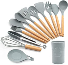 Silicone Kitchen Utensils Set,13 Pcs Wooden Handles Spatula Set,Cooking Utensils for Non Stick Pans,Silicone Spatulas for Cooking Kitchen Gadgets Tools (Grey)