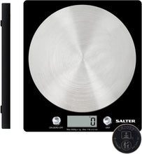 Salter 1036 BKSSDR Disc Electronic Scale, Seen on TV, Stylish Slim Design, Home & Kitchen Cooking, Spun Stainless Steel Platform, Add & Weigh, Measures Liquids & Fluids, 5 KG Max Capacity Black/Chrome