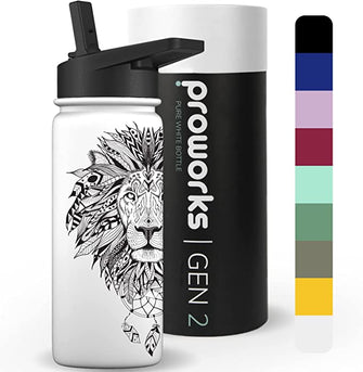 Proworks Gen 2 Insulated Water Bottles with Straw Lid | 540ml Stainless Steel Water Bottle Sports Cap for 24 Hours Cold & 12 Hours Hot Drinks, Metal Leakproof Flask for Work, Gym & Travel