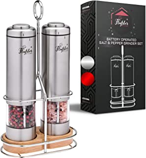 Salt and Pepper Mill Set - Electric Salt and Pepper Grinders (2) by Flafster Kitchen - Electric Pepper Mills with Stand - Ceramic Grinders with Lights and Adjustable Coarseness