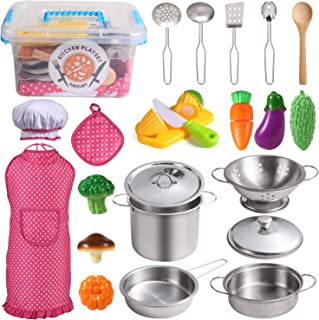 Juboury Play Kitchens Accessories Toys with Stainless Steel Cookware Pots and Pans Set, Cooking Utensils, Apron & Chef Hat, Cutting Vegetables for Kids, Girls, Boys, Toddlers