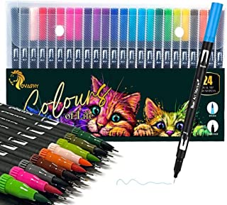 OVASHY Dual Tip Brush Pens – Pack 24 Watercolour Felt Tip Pens, Fineliner pens, Colouring Pens for Calligraphy, Art markers for Kids and Adults, Comic, Lettering, Journaling, and Painting