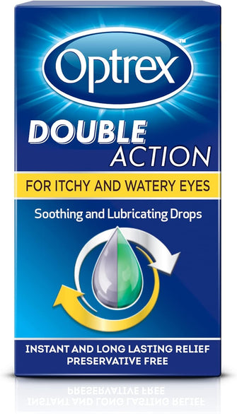 Optrex Double Action, For Itchy & Watery Eyes, Soothing & Lubricating Drops, 10ml each, Restores Eye Moisture, Instant & Long Lasting Relief, Preservative Free