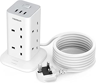 Tower Extension Lead with 3 USB Slots, TESSAN 3M Extension Cable 8 Way Multi Socket Plug Extension Tower, Surge Protected Extension Cord with Switch, Plug Tower Power Strip for Home, Office, Kitchen