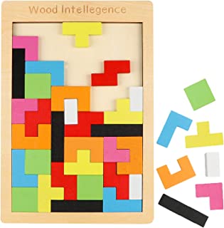 Jacootoys Wooden Tetris Puzzle 40pcs Tangram Games, Wood Jigsaw Box Brain Teasers Educational Toys Gift for 3 Years Old Boys Girls Kids