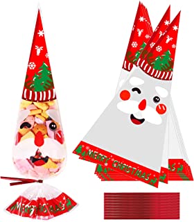 100 Pack Christmas Sweet Cone Bags, HCSSZ Food Safe Santa Clear Cellophane Candy Treat Bags Xmas Cello Goodies Gift Bags with 100 Twist Ties for Christmas Party Supplies