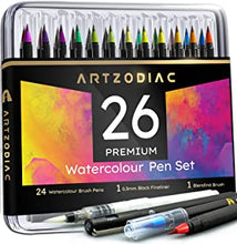 Watercolour Brush Pens Set, 26 Premium, Water Based Ink, 1 Black Fineliners, Blending Pen, Art Supplies, Calligraphy Pens, Arts and Crafts, Beginner Set Perfect for Gift, Bullet Journal Accessories