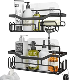 HapiRm Bathroom Storage Shower Shelves, Shower Caddy with 11 Hooks, Bathroom Shelf with Razor Holder,Soap Dish,Towel Hook Bathroom organiser, Bathroom Accessories Black,3 Sticker,2 pcs