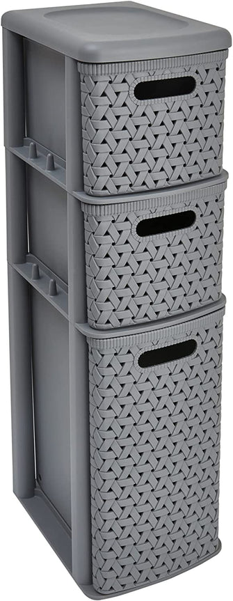 Store & Order Slimline 3 Drawer Tower - Slim & Narrow Plastic Drawers, Perfect Storage Unit for Bathroom, Hallway, Office, Wardrobe or Utility Room, Grey Rattan Design