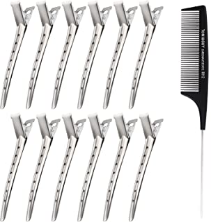 Metal Hair Sectioning Clips Set,JUYOO 12 pcs Pin Curl Clips for Women and 1 pcs Tail Comb,Duck Bill Hair Clips,Alligator Clips,Metal Hair Clips