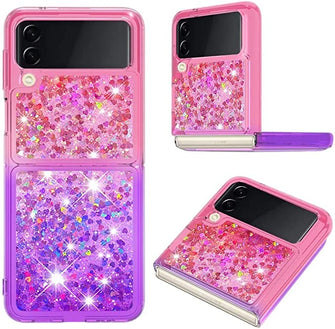 Phone Case for Samsung Galaxy Z Flip 4 5G, Glitter Sparkle Liquid Luxury Bling Clear Shockproof Full Body Protection Cover Diamond Floating Quicksand Protective Case for Girls Women Pink purple