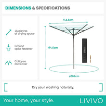 LIVIVO Outdoor Garden 4 Arm 45m folding Rotary Washing Line Clothes Airer Dryer with Free Ground Spike and Cover (Silver)