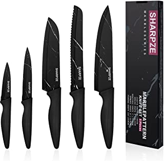 Kitchen Knife Set of 5 | Ultra Sharp Stainless Steel Blade I Kitchen Knives with Ergonomic Handle & Sheaths Include Paring, Utility, Santuko, Bread, Chef Knife & eBook