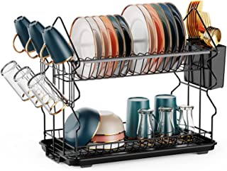 Dish Drainer Rack, iSPECLE Small Dish Drainers for Kitchen Counter Rust-resistant 2 Tier Dish Rack with Glass Holder Utensil Holder and Drainboard Set, Black