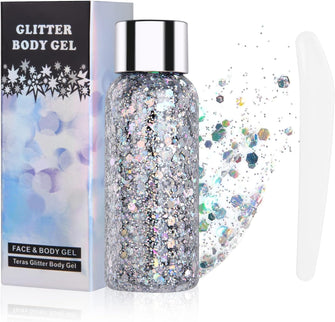 URAQT Body Glitter Gel, Holographic Mermaid Sequins Glitter Chunky Cosmetic Glitter Face and Body Gel, Sparkling Festival Party Lotion Glitter for Face Body Eye Hair Nail Makeup and DIY Art (Silver)