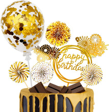 iZoeL Gold Birthday Cake Decoration Happy Birthday Cake Topper Paper Fans Banner Confetti Balloon Fireworks Golden Cupcake Topper for Gold Theme Party Decor Girl Boy Kid Women Man (Gold)