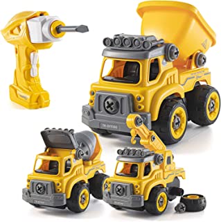 Top Race Kids Take Apart RC Construction Vehicles & Trucks Digger Toy Set with Drill Converts To Remote Control Car 3 in 1 DIY STEM Building Educational Gift Toys for Boys & Girls Ages 3 4 5 6 7