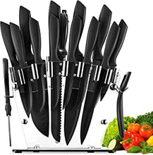 Knife Set, 16 Piece Stainless Steel Kitchen Knife Set with Acrylic Block, No Rust, Non-Stick Coating Knife Set with Chef Knife Set, Meat Scissors, Serrated Steak Knives, Peeler and Knife Sharpener