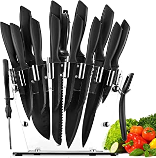 Knife Set, 16 Piece Stainless Steel Kitchen Knife Set with Acrylic Block, No Rust, Non-Stick Coating Knife Set with Chef Knife Set, Meat Scissors, Serrated Steak Knives, Peeler and Knife Sharpener