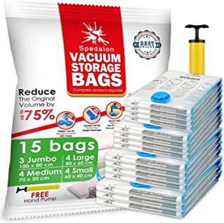 Vacuum Storage Bags - Pack of 15 (3 Jumbo + 4 Large + 4 Medium + 4 Small) ReUsable Space Savers with Free Hand Pump for Travel Packing | Vacuum Bags for Clothes, Duvets, Mattress, Bedding, Sweater