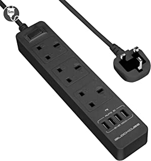 iBlockCube® 5M Extension Lead Surge Protected Power Strip Outlet w/ 4 USB Ports & Switch, 5 M(16.4FT) 3 Way Cable Fuse Protector & Shutter USB Plug Socket, 3 Gang Smart Charging Station Cord UK Black