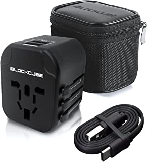 iBlockCube Worldwide Travel Plug Adapter with 2 USB (2.4A) Charging Ports, International Universal AC Socket, Dual Safety Fuse, Chip Protector for US UK EU AU Mobile Phone Tablet Laptop Gadget (Black)