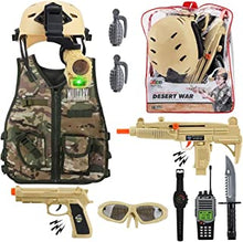 deAO Military Soldier Camouflage Desert War Costume Set with Helmet, Toy Shotgun, Toy Grenades, Military Soldier Accessories and Storage Backpack - Great for Kids