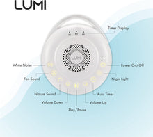 LUMI  Portable White Noise Machine  Baby Sleep Aid with 24 Sounds  White Noise Baby  3 Lighting Modes  Memory Function  30, 60, 90 Minute Timer  Sleep Aid for Adults, Children & Babies